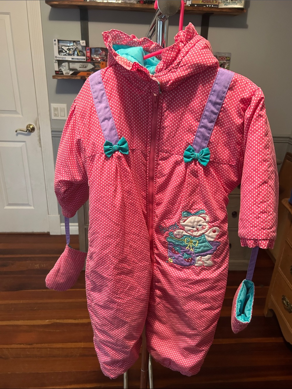 Vintage Polka Dot Toddler Snowsuit with Teal Bows